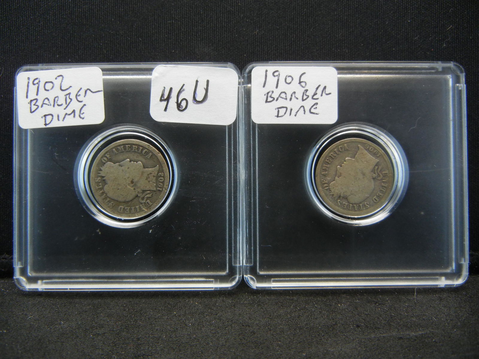 1902, 1906 Silver Barber Dimes in Plastic Holders (1 of 6)