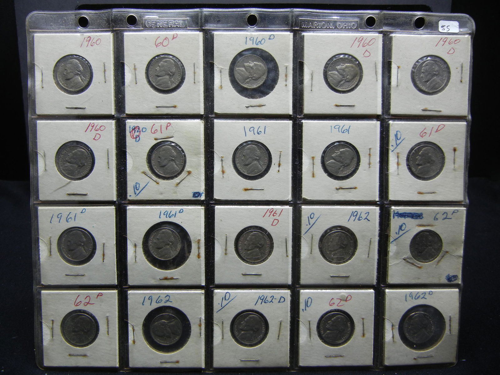 Sheet of old Jefferson Nickels. Kennedy Era. (1 of 9)