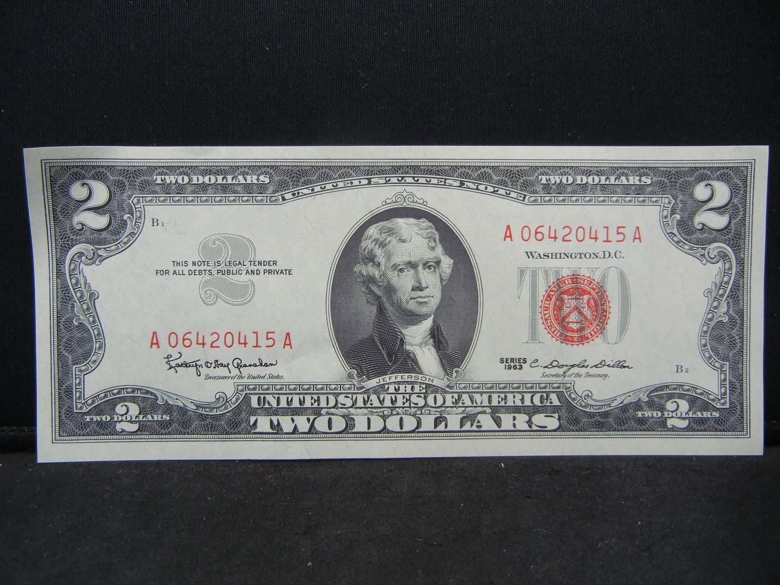 1963 $2 Red Seal United States Note.  Serial # (1 of 3)