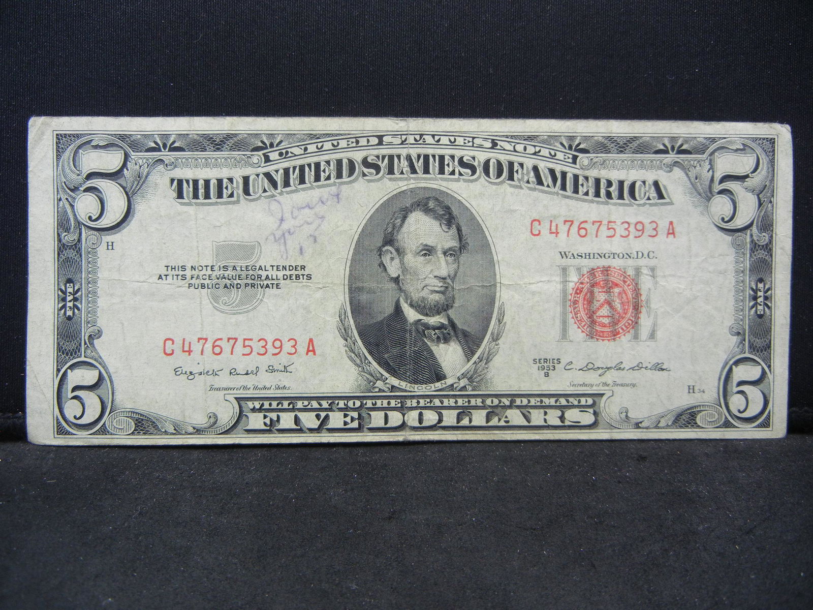 1953-B $5 Red Seal Bank Note (1 of 3)