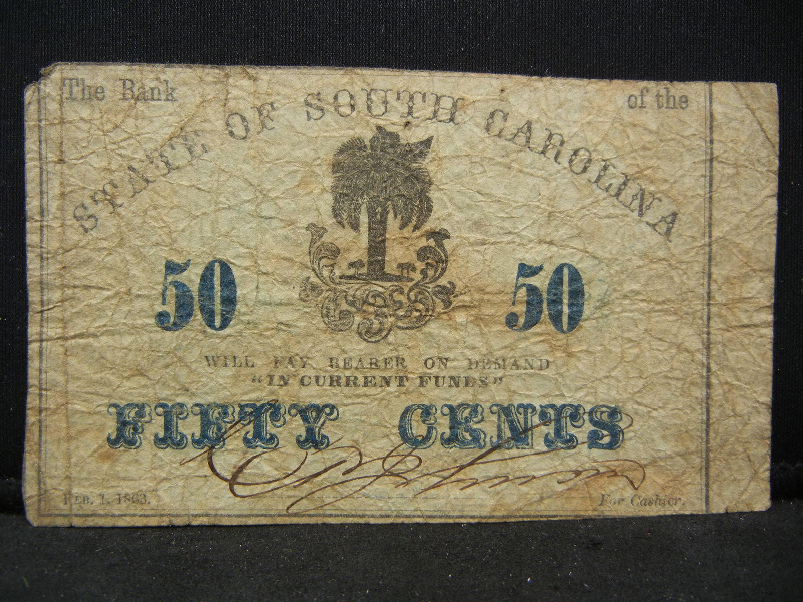 1863 State of South Carolina Fifty Cents Note (1 of 2)