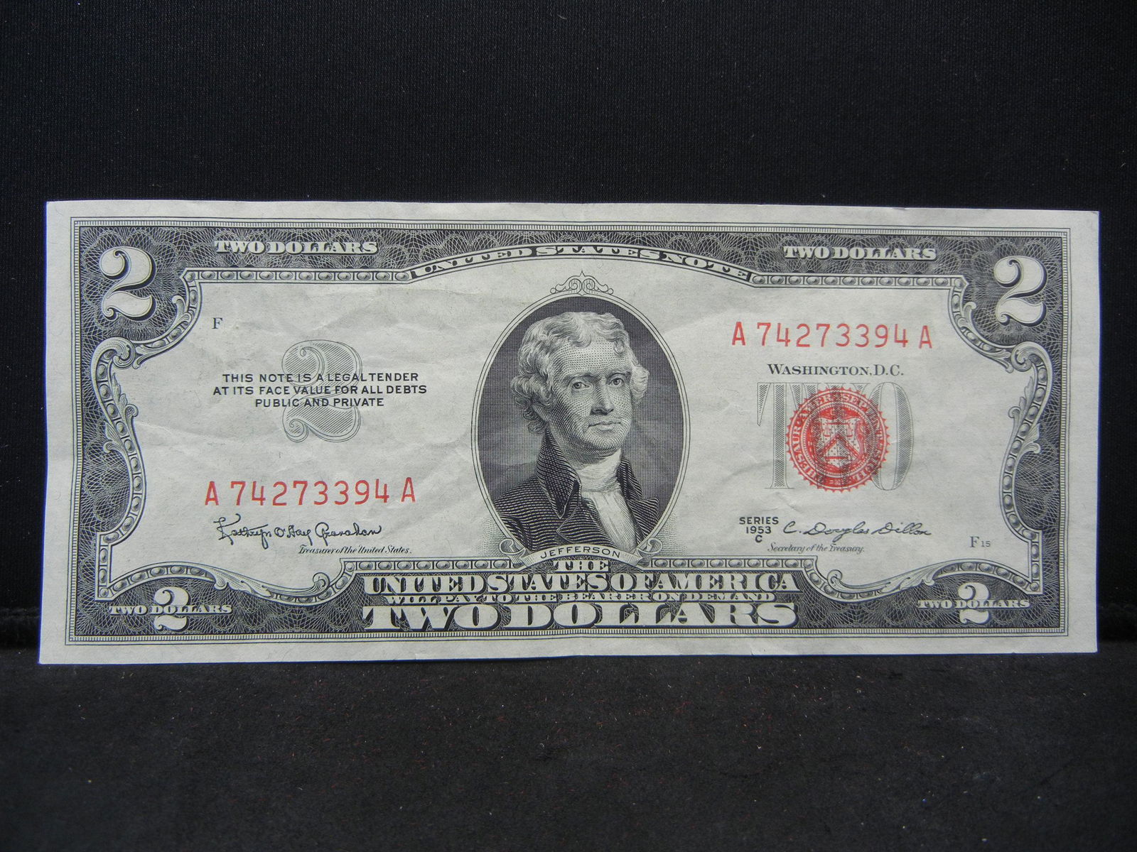1953-C $2 Red Seal United States Note.  Serial # (1 of 3)
