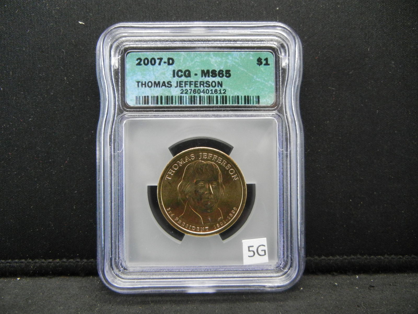 2007-D Thomas Jefferson Presidential Dollar ICG MS65: 2007-D Thomas Jefferson Presidential Dollar ICG MS65
