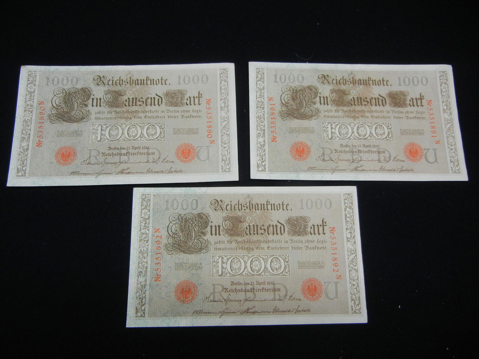 1910 Germany 3 CONSECUTIVE UNC 1000 Mark notes (1 of 5)