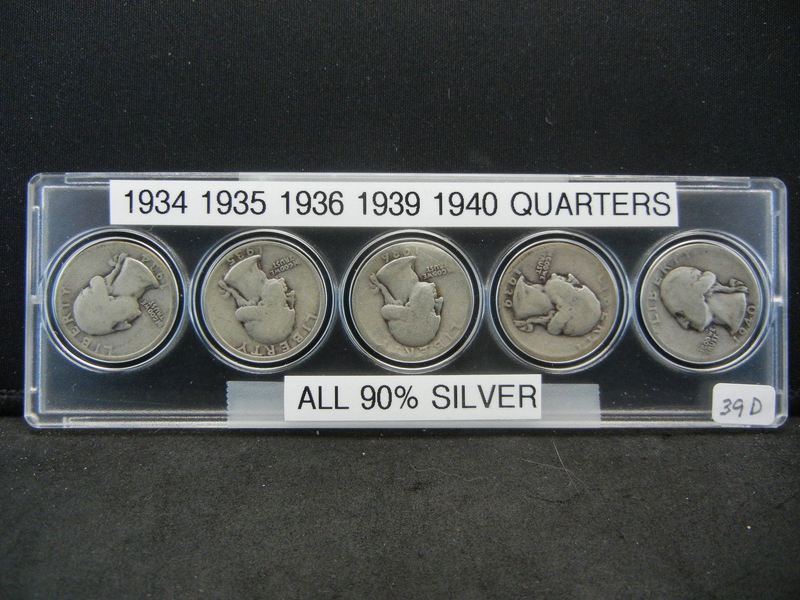 5-Washington Quarters, 1934,35,36,39, 40. 90% Silver (1 of 2)