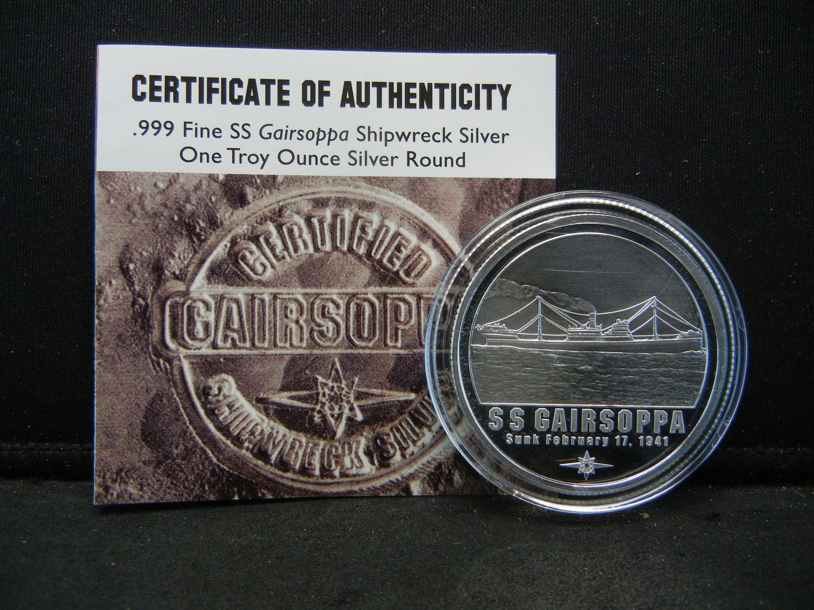Shipwreck Silver One Ounce Round SS Gairsoppa COA With (1 of 4)