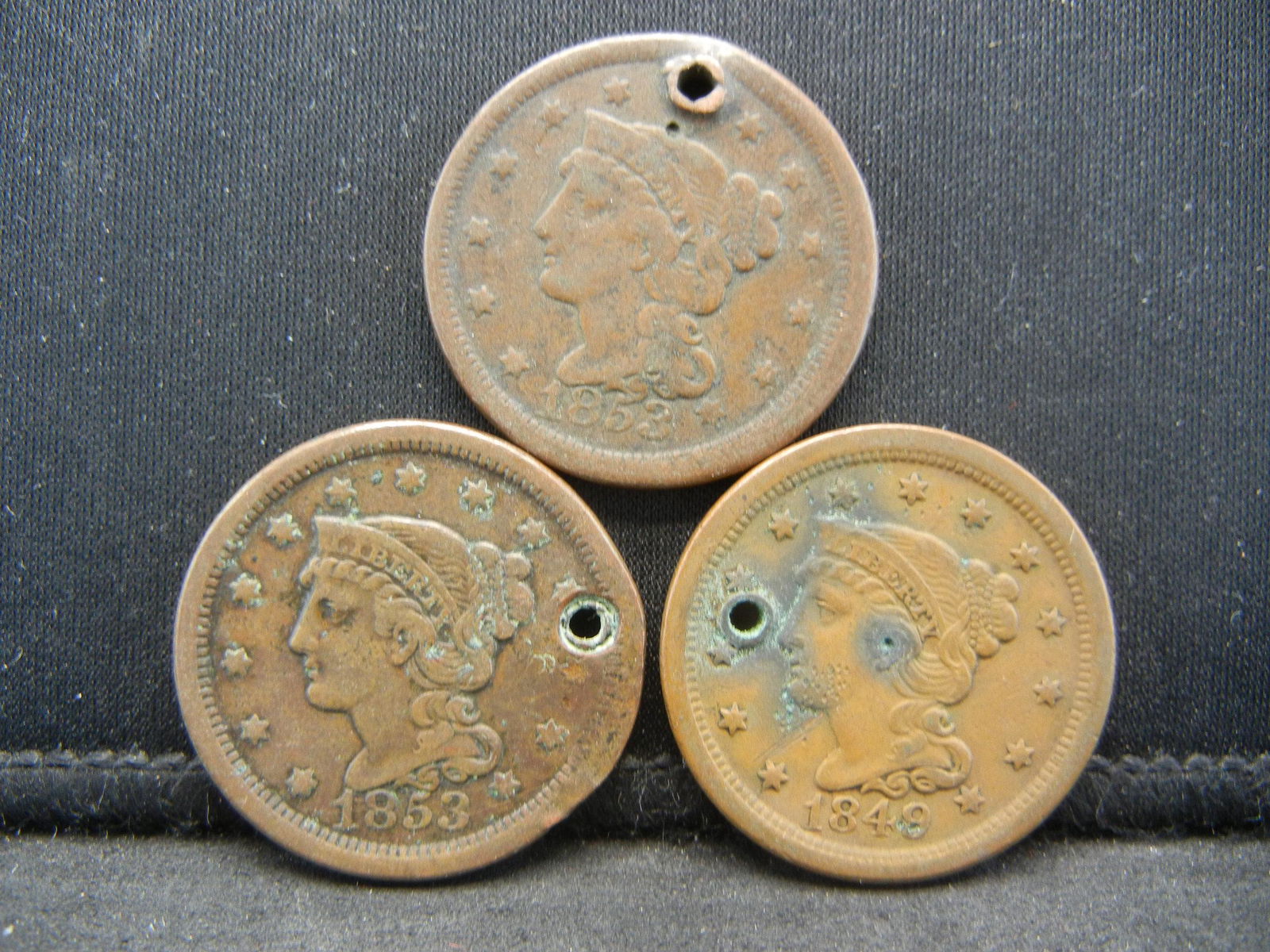 1849, (2) 1853's , Large Cents All Holed Strong Details (1 of 2)