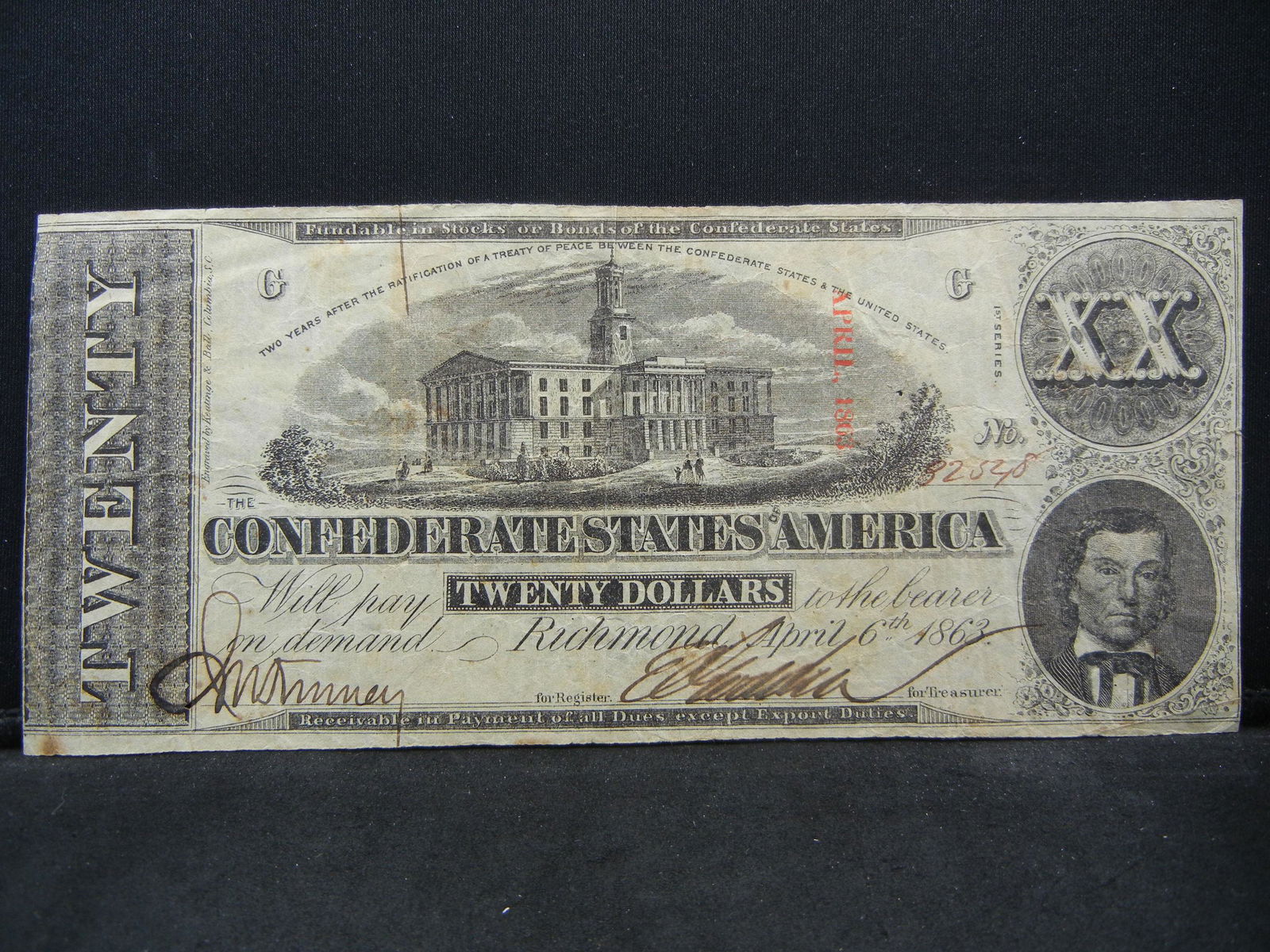 1863 Confederate States of America $20 Bank Note - (1 of 3)