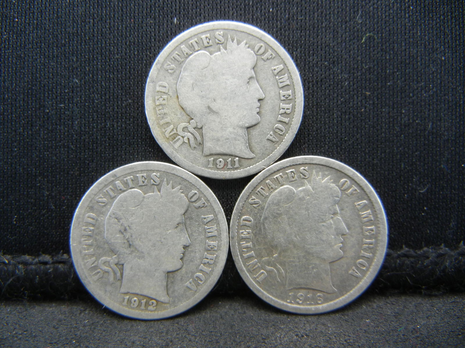 (3) SILVER BARBER DIMES, (1911/1912/1916), HARDER TO (1 of 2)