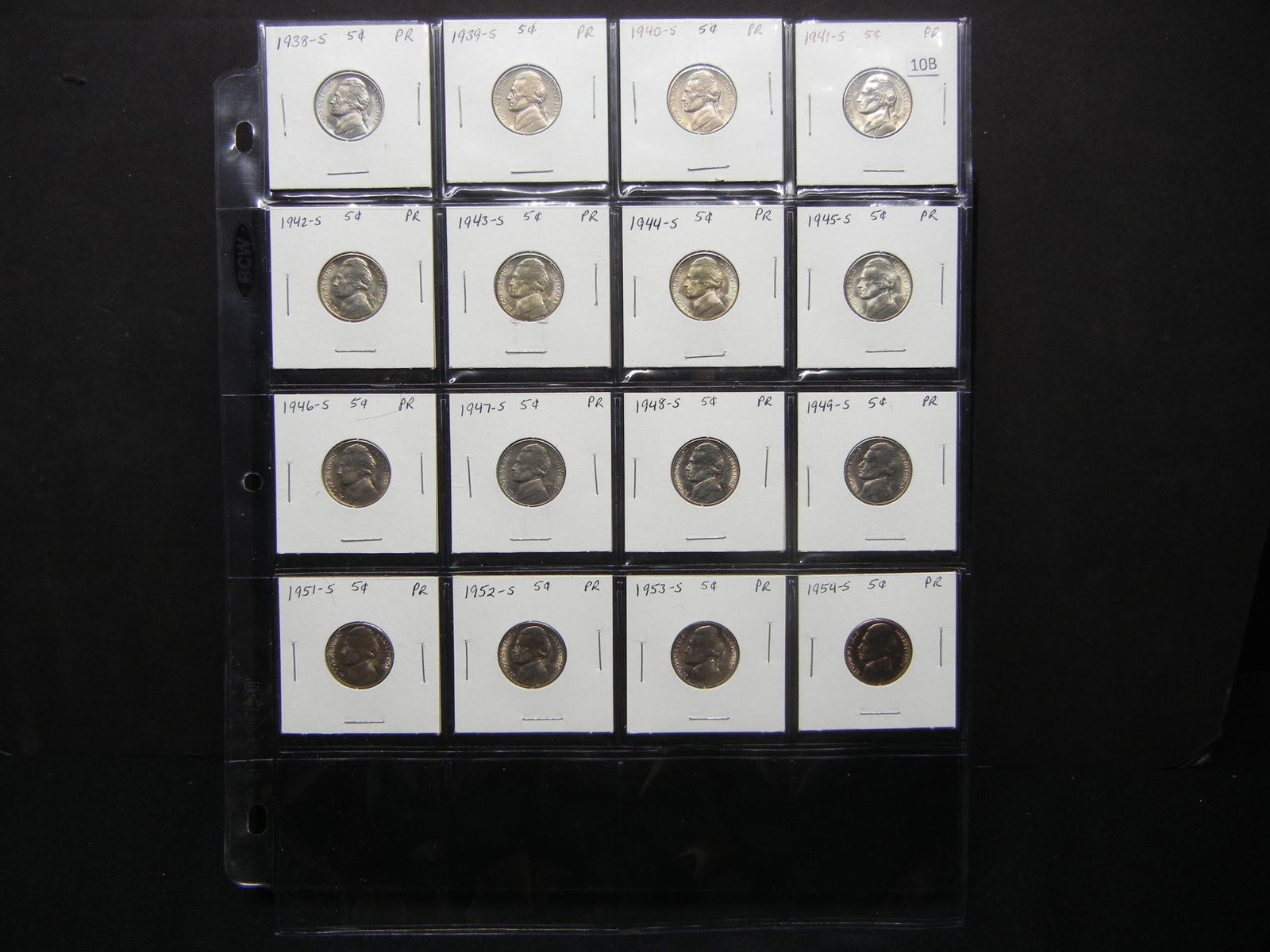 16 Proof 1938-S - 1954-S Jefferson 5c.  All "S" Mints. (1 of 9)