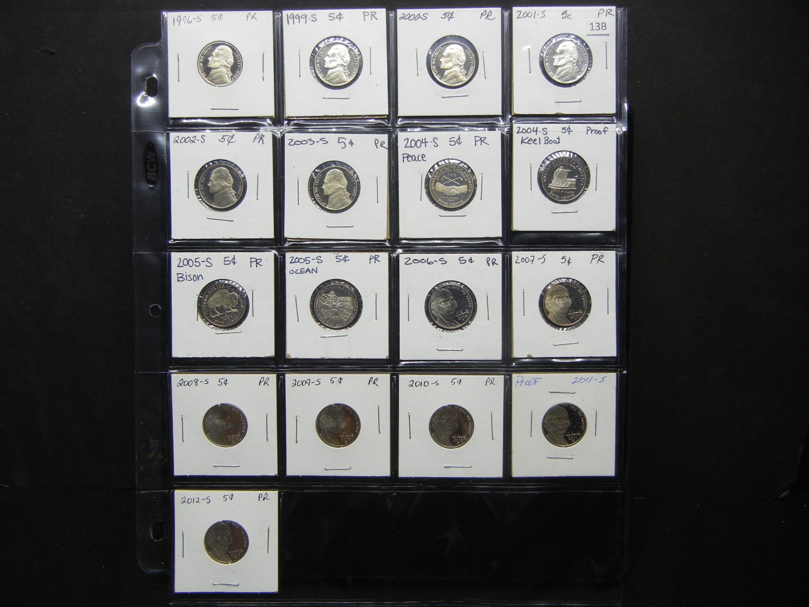 17 Proof Jefferson 5c.  1996-S, 99-S thru 2003-S, (1 of 11)
