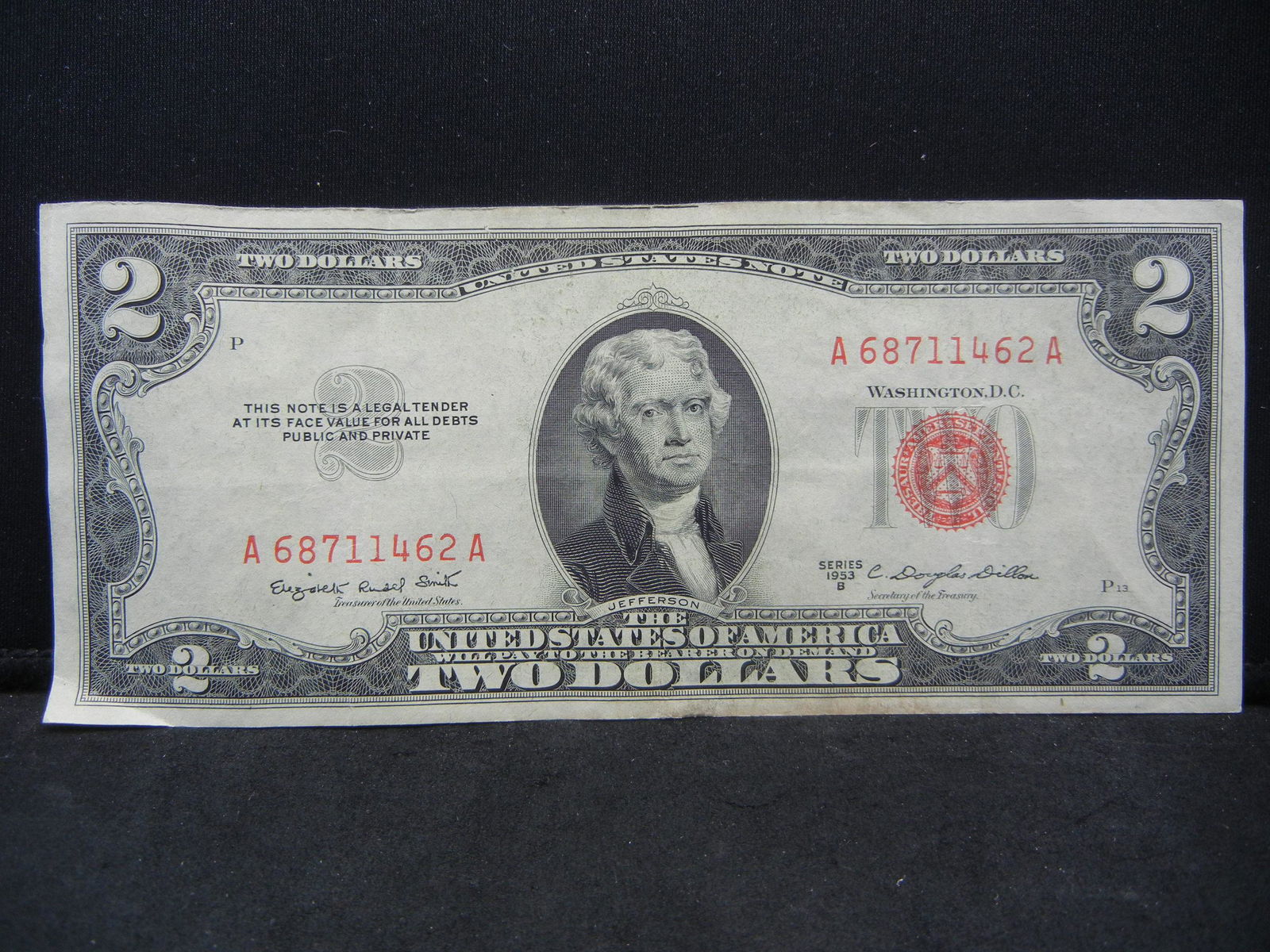 1953-B $2 Red Seal United States Note. Serial # (1 of 3)