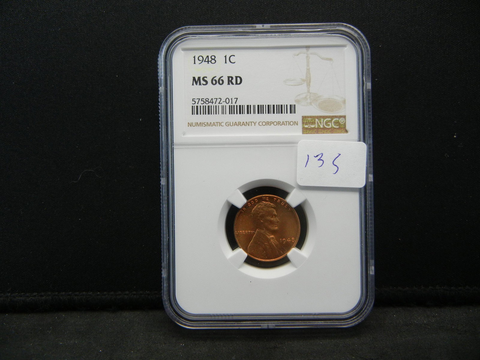 1948 Lincoln Cent NGC MS66 Red NGC Price Guide $135: 1948 Lincoln Cent NGC MS66 Red NGC Price Guide $135