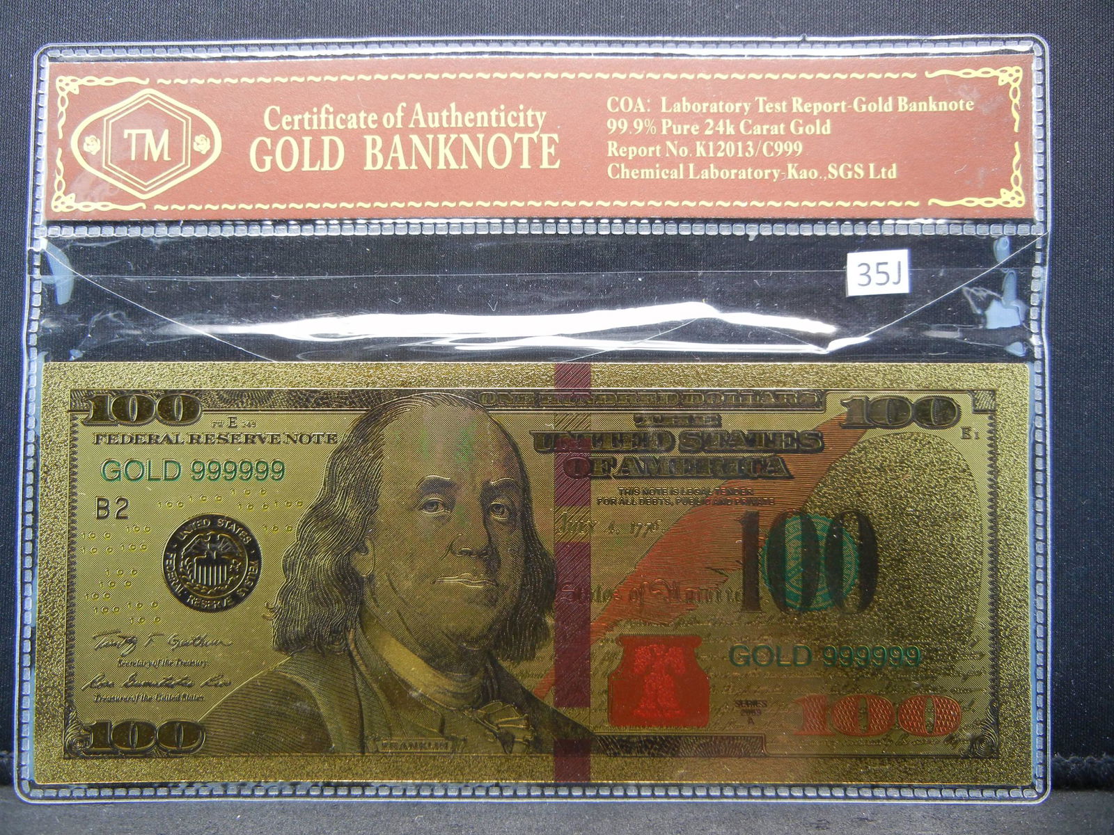 One Hundred Dollar Gold Bank Note Novelty Note *Not (1 of 3)