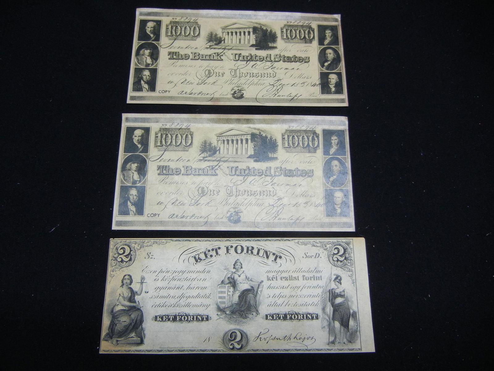 Hungary Two Forint, (2) Copies of One Thousand Dollar (1 of 4)