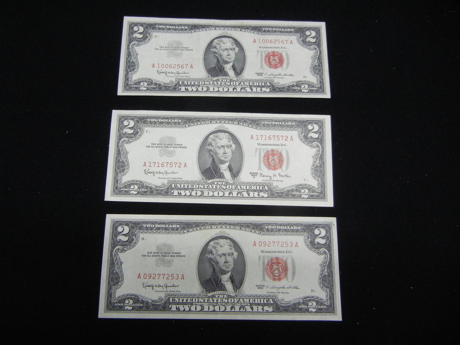 (2) 1963, 1963 A,  Red Seal Two Dollar Notes (1 of 5)