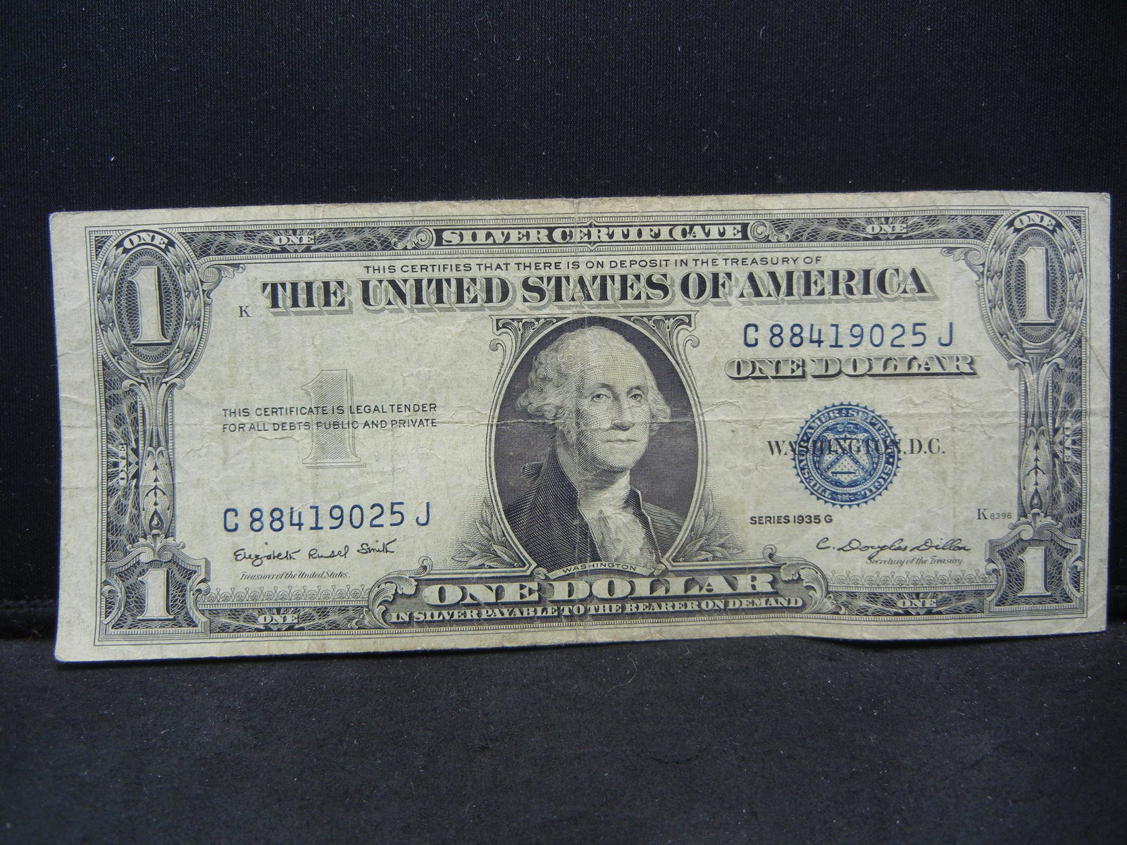 1935-G $1 Blue Seal Silver Certificate.  Serial # (1 of 3)