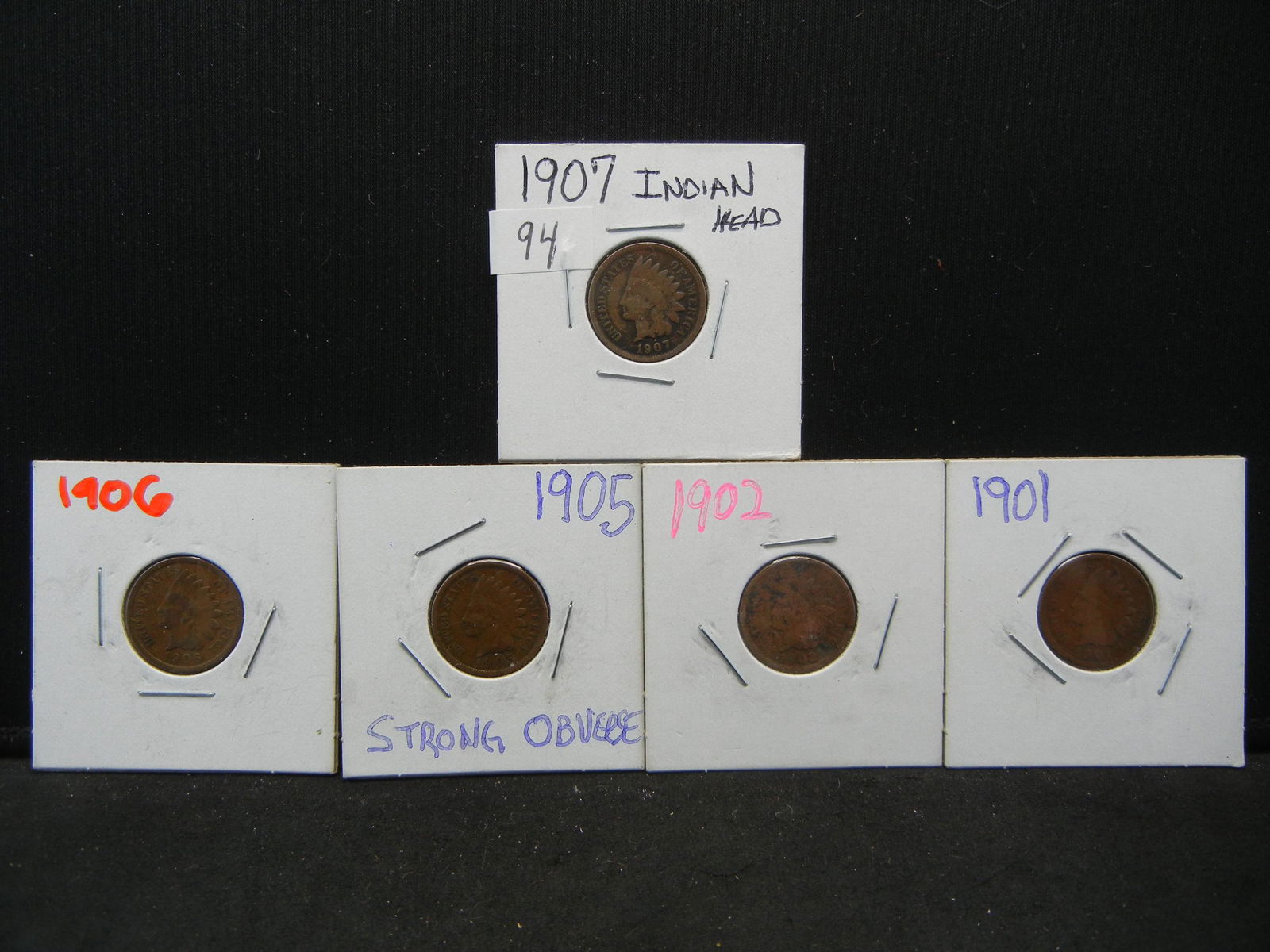 (5) Indian Head Cents, 1901. 1902, 1905, 06, 07 (1 of 7)