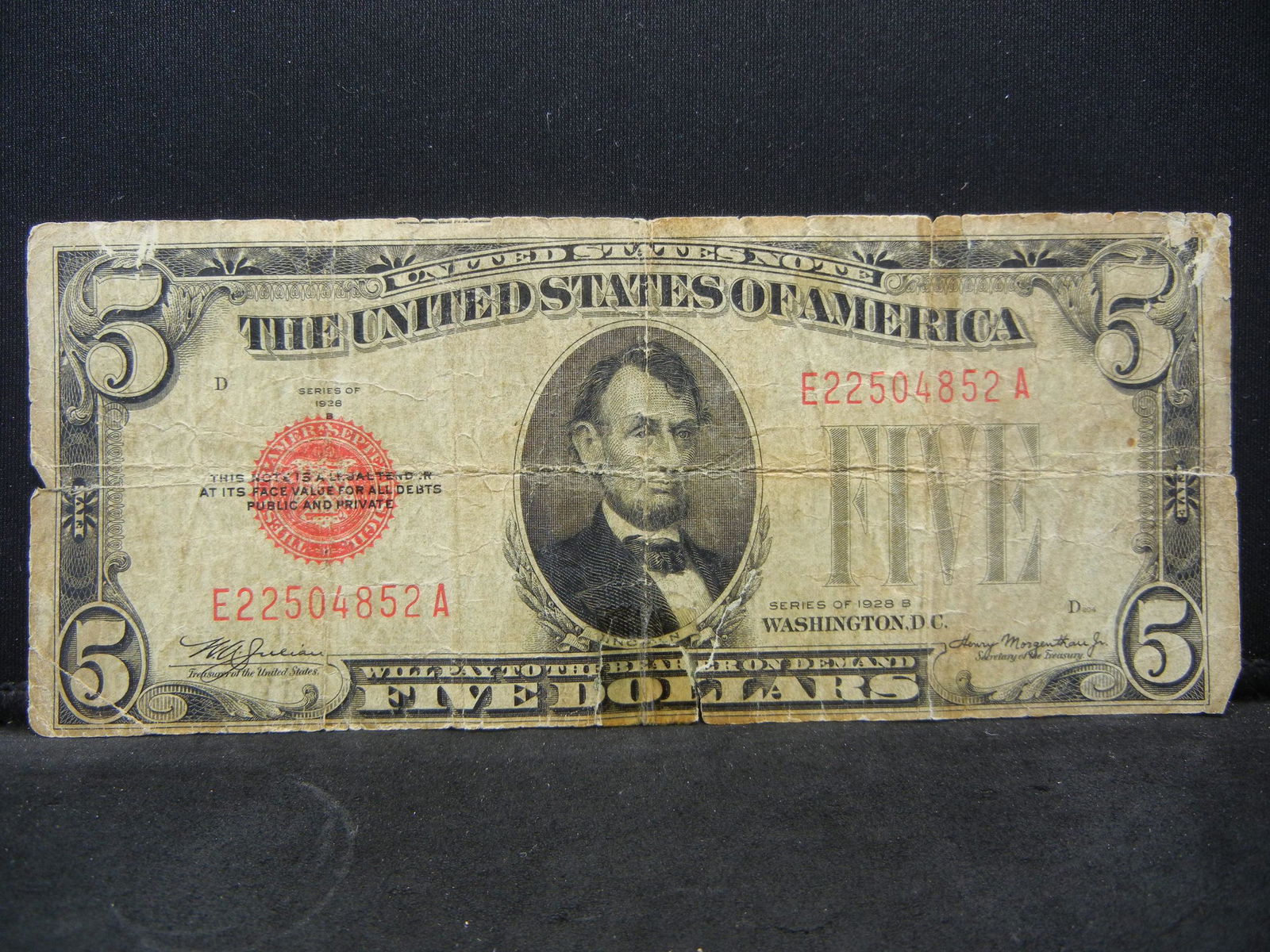 Series 1928 B United States $5.00 Red Seal Note (1 of 4)