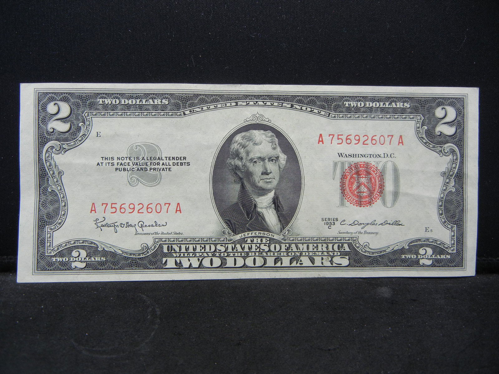 1953-C $2 Red Seal United States Note.  Serial # (1 of 3)
