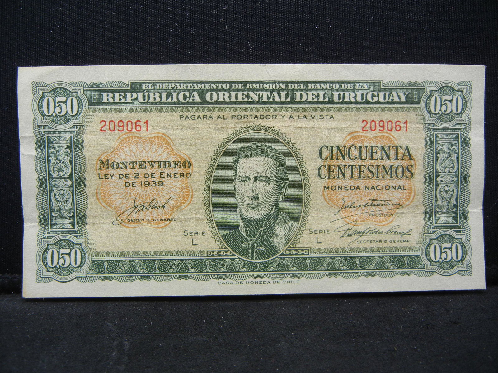1939 Uruguay 50 Centesimos Bank Note.  Serial # 209061 (1 of 2)