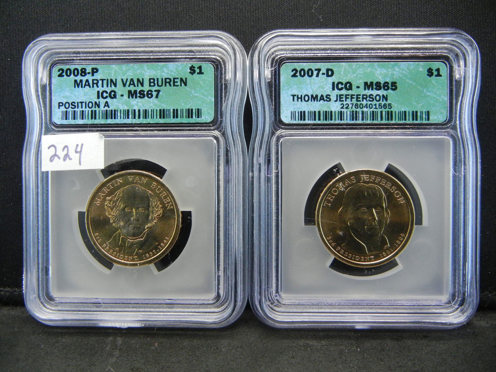 2 Presidential Dollars - ICG Graded MS65 - 2007-D: 2 Presidential Dollars - ICG Graded MS65 - 2007-D Thomas Jefferson & ICG Graded MS67 2008-P Martin Van Buren