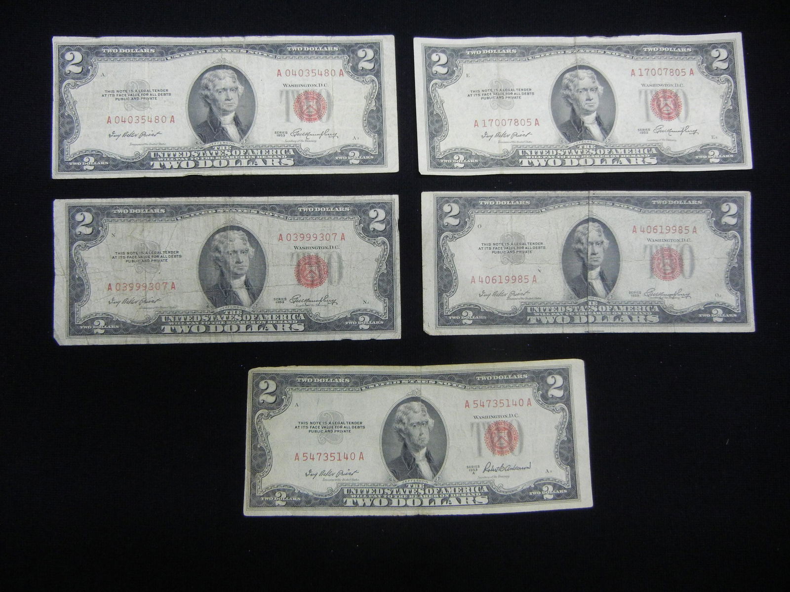 5 Two Dollar 1953 Red Seal United States Notes (1 of 5)