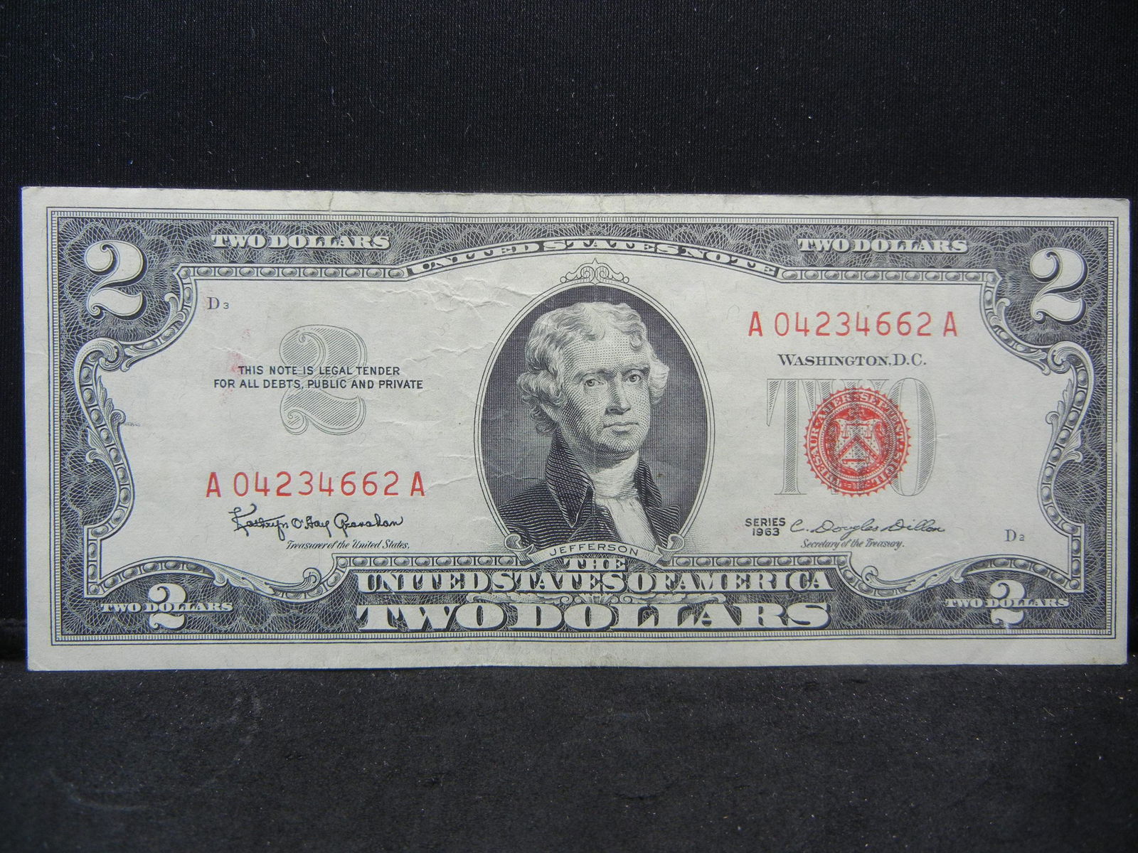 1963 $2 Red Seal United States Note.  Serial # (1 of 3)
