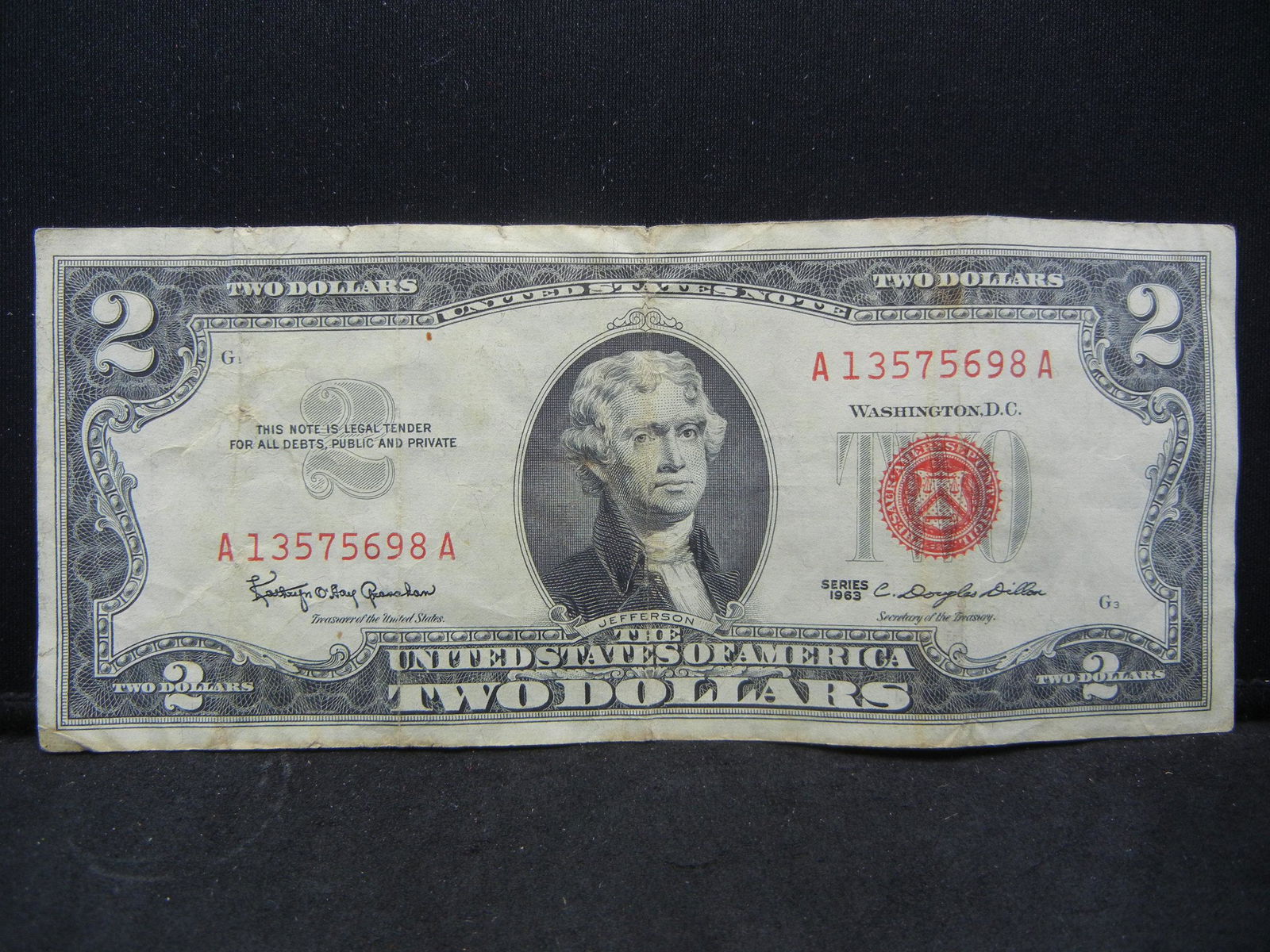 1963 $2 Red Seal United States Note.  Serial # (1 of 3)