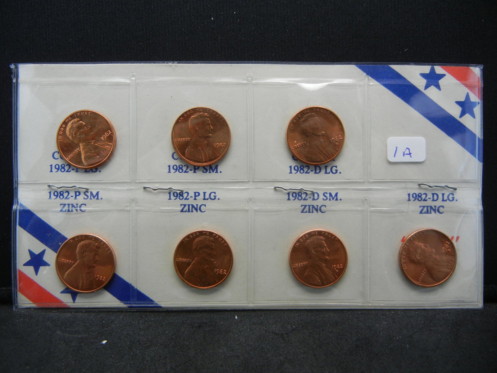 (7) Varieties of 1982 Lincoln Cents in attractive: (7) Varieties of 1982 Lincoln Cents in attractive display. GEM Red BU.
