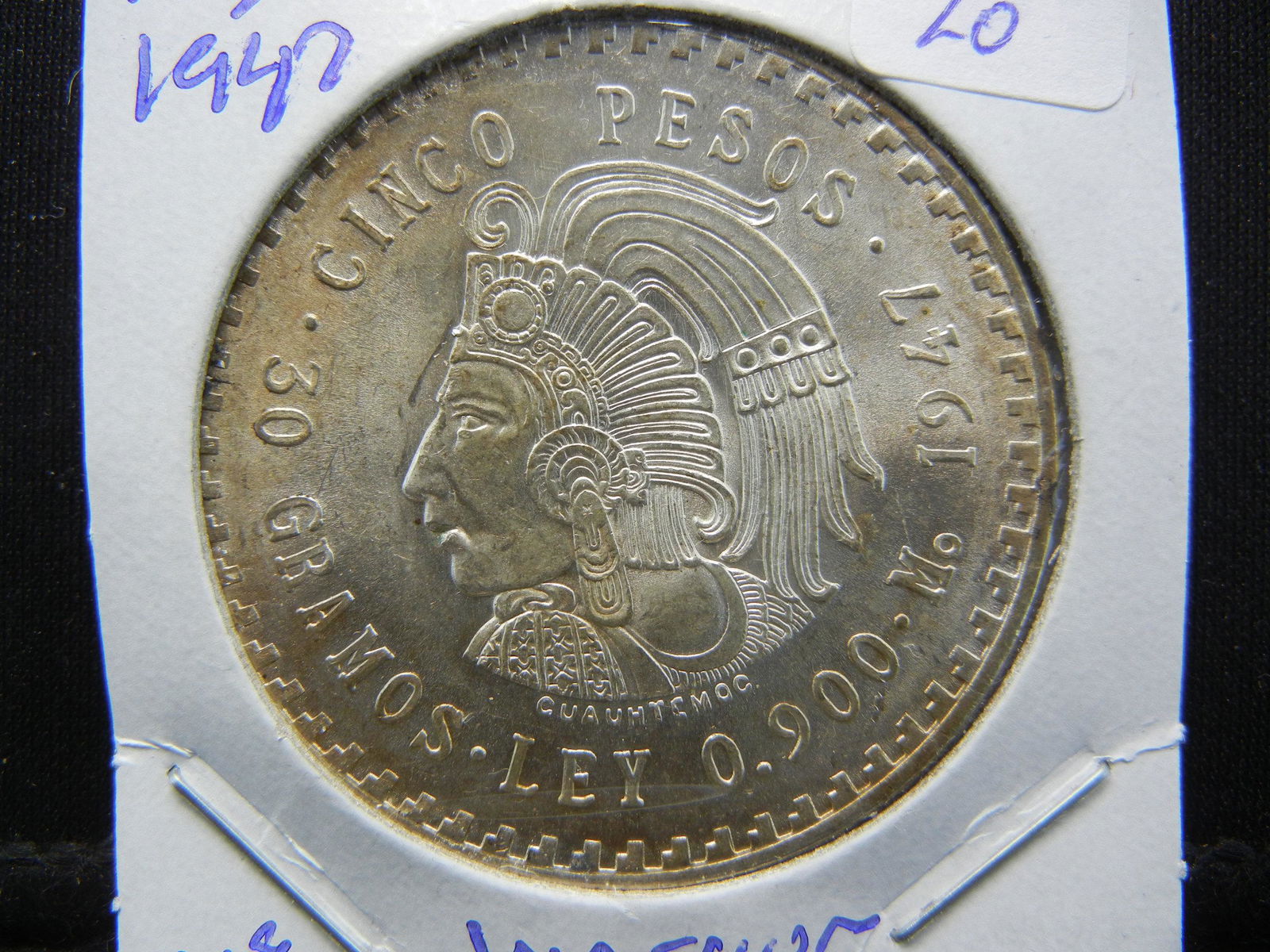 1947 Mexico Silver 5 Pesos.  Aztec Warrior.  Brilliant (1 of 3)