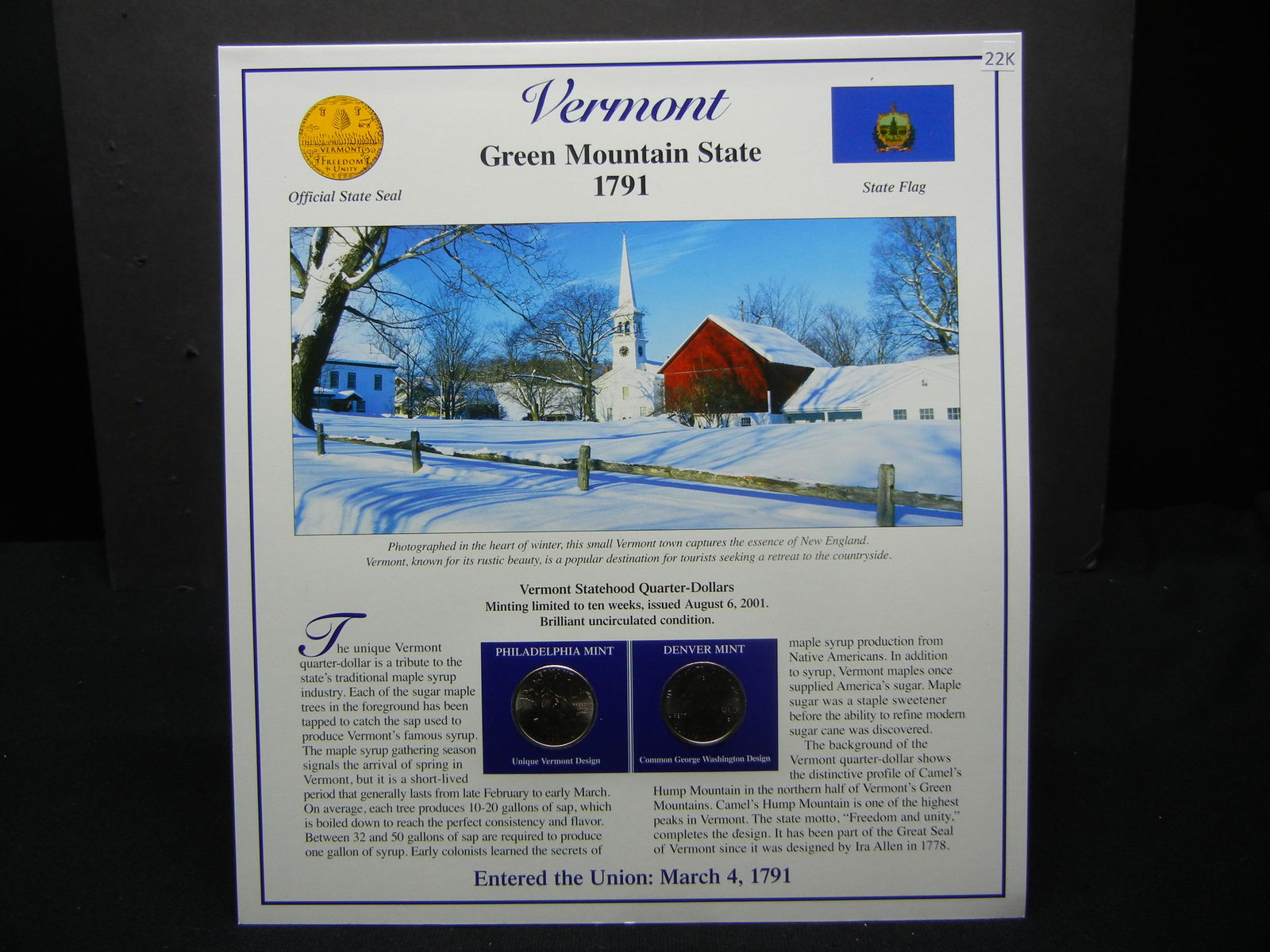 2001 Vermont State Quarter & Stamp Set Commemorating (1 of 6)