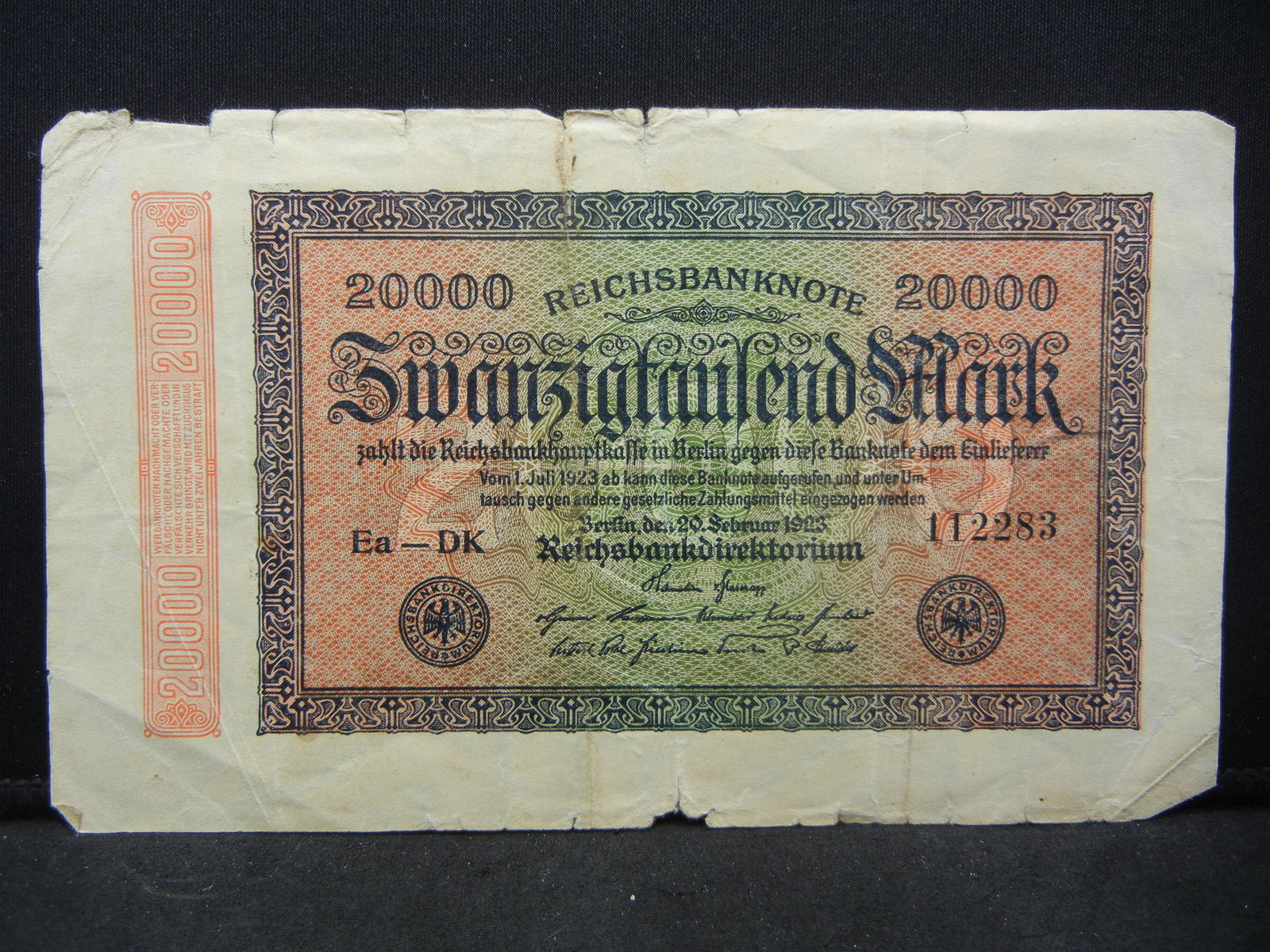 1923 German Twenty Thousand Mark Reichbanknote (1 of 3)