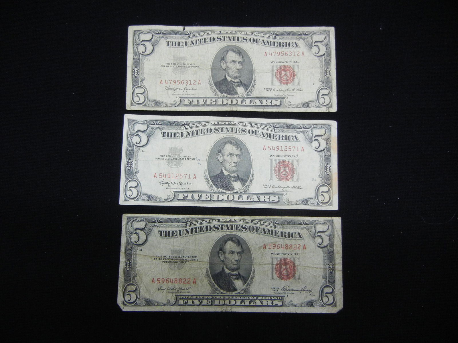 3 1963 Five Dollar Red Seal United States Notes (1 of 5)