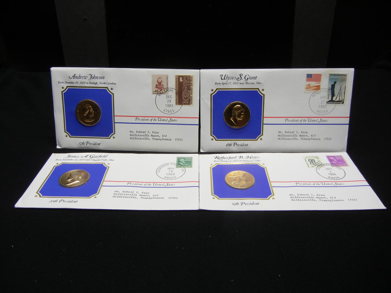 4 President Medal Cover Collection 24KT Gold Plated: 4 President Medal Cover Collection 24KT Gold Plated with Historic Stamps including Andrew Johnson, Ulysses S Grant, Rutherford B Hayes & James A Garfield