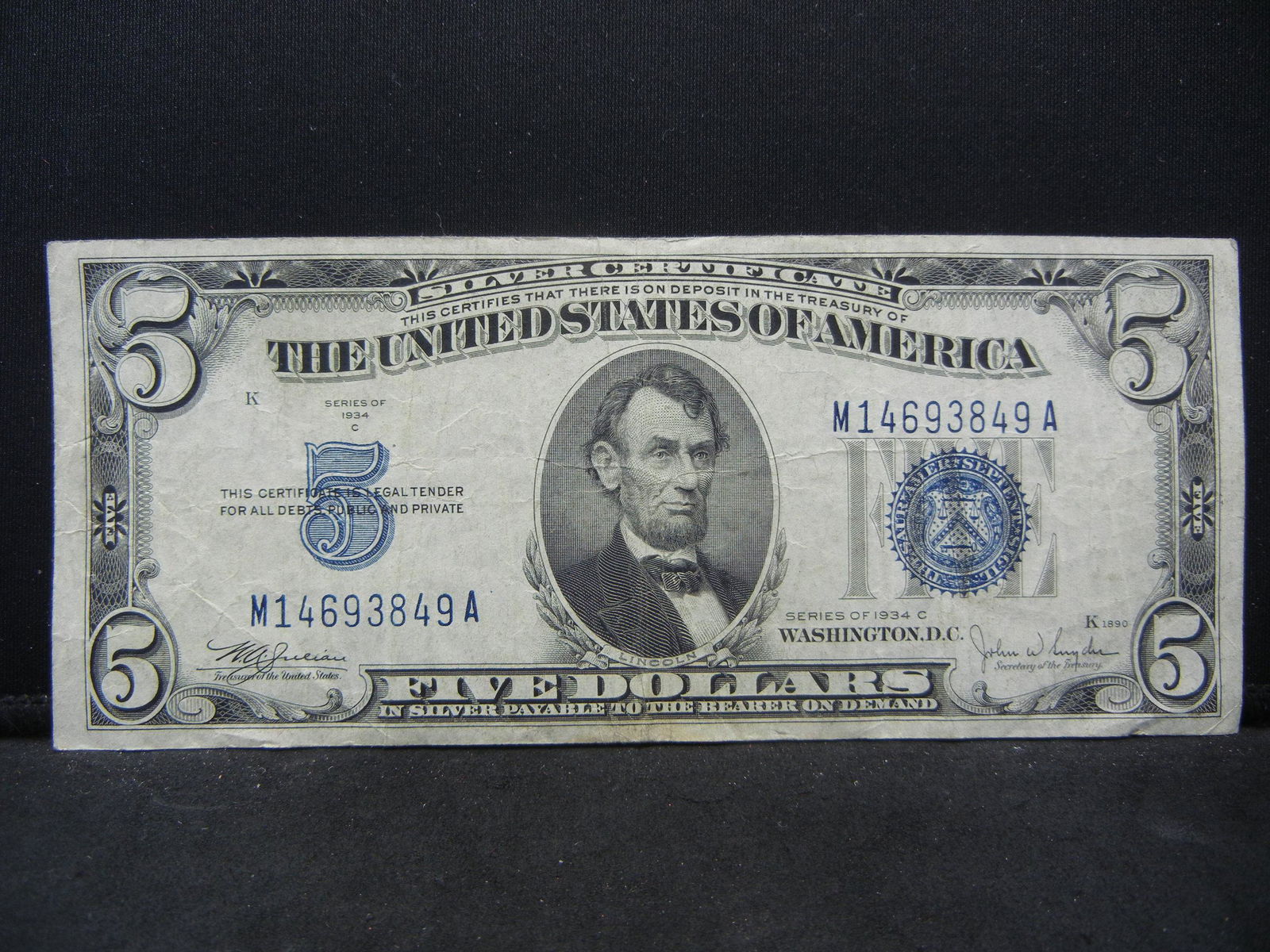 1934 C $5 Silver Certificate.  Very Fine. (1 of 3)