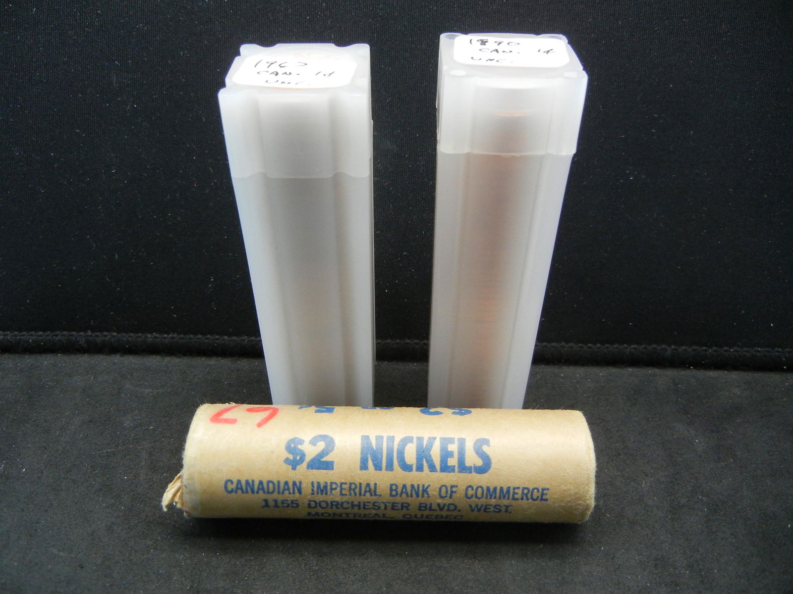 3 Rolls Canada. 1962 1c UNC. 1990 1c UNC. 1967 5c Bank (1 of 9)