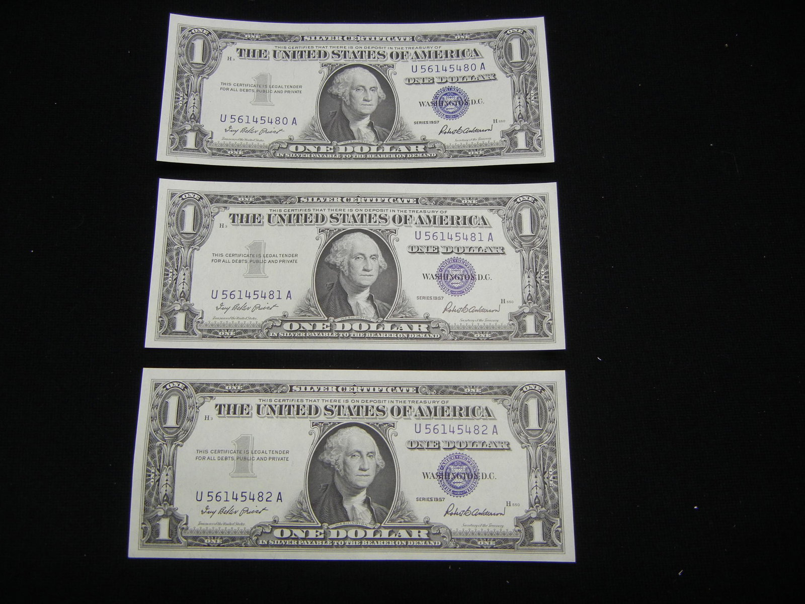 (3) Consecutive Serial Numbers 1957 $1.00 Silver (1 of 5)