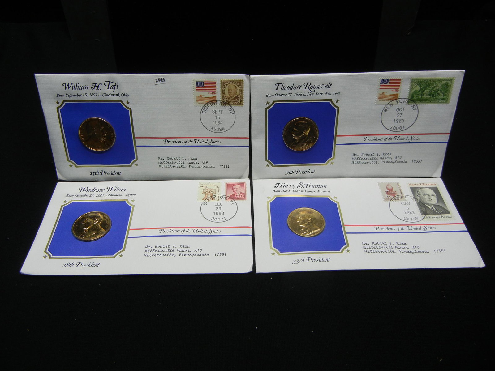 (4) President Medal Cover Collection 24KT Gold Plated: (4) President Medal Cover Collection 24KT Gold Plated with Historic Stamps including Theodore Roosevelt, William H Taft, Woodrow Wilson & Warren G Harding