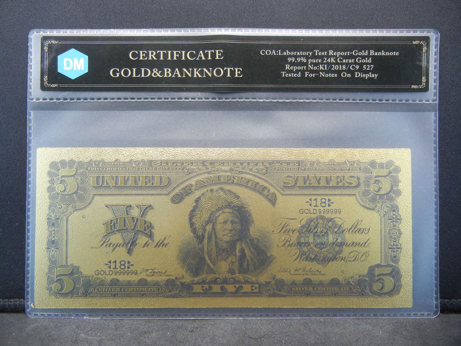 1899 US 99.9% 24K Gold Indian Five Dollar Banknote with (1 of 3)