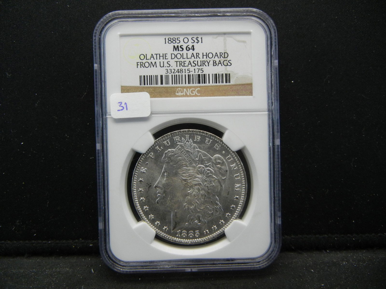 1885-O Morgan Dollar Olathe Hoard. Slabbed by one of: 1885-O Morgan Dollar Olathe Hoard. Slabbed by one of the best—NGC MS 64.