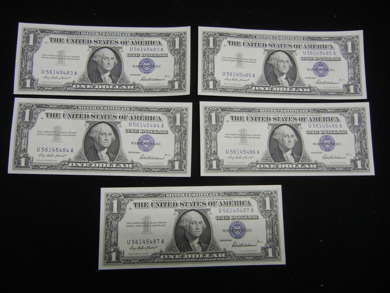 (5) Consecutive Serial Numbers $1.00 1957 Silver (1 of 5)