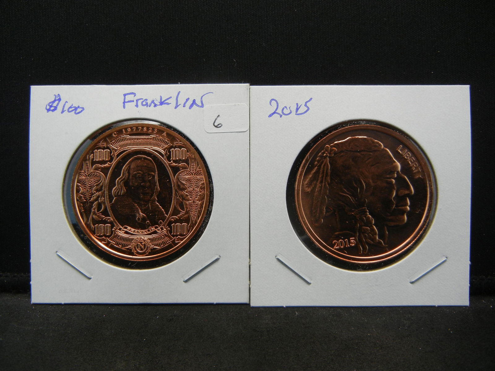 (2) One-ounce copper rounds:  $11 Franklin and 2015 (1 of 3)