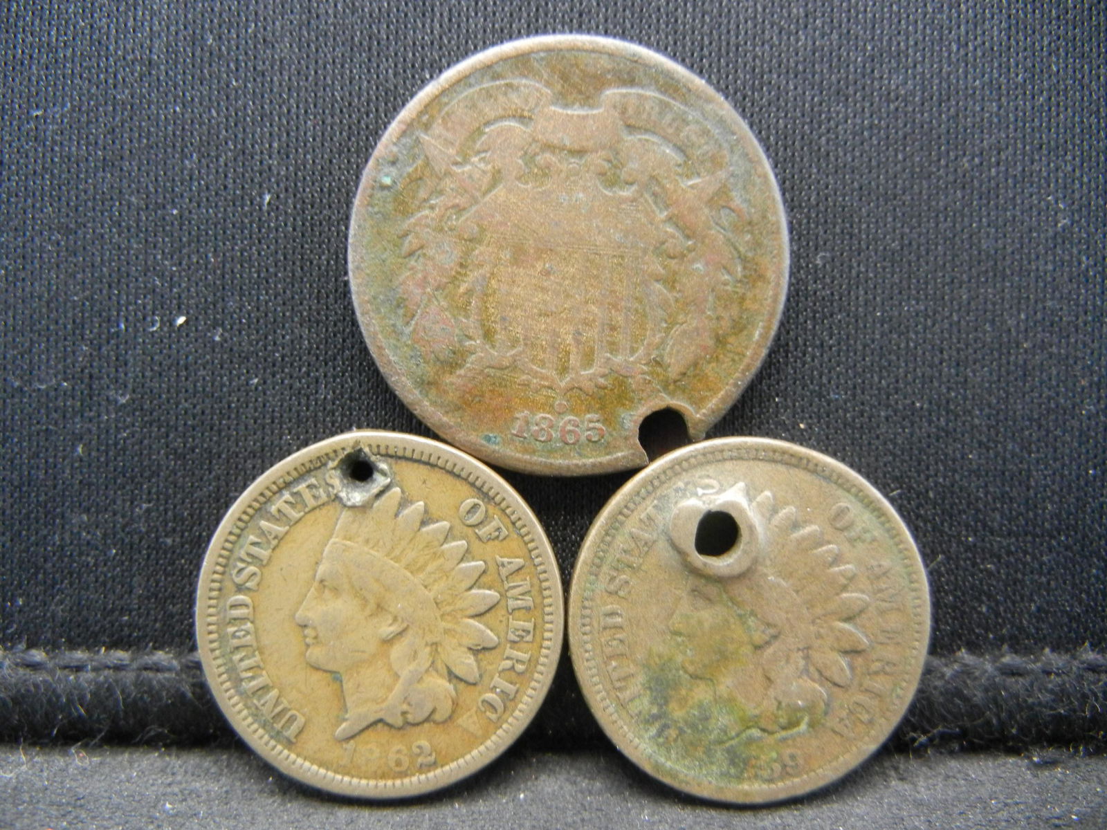 3 Type Coins With Holes.  1859 & 1862 Indian Head Cents (1 of 2)