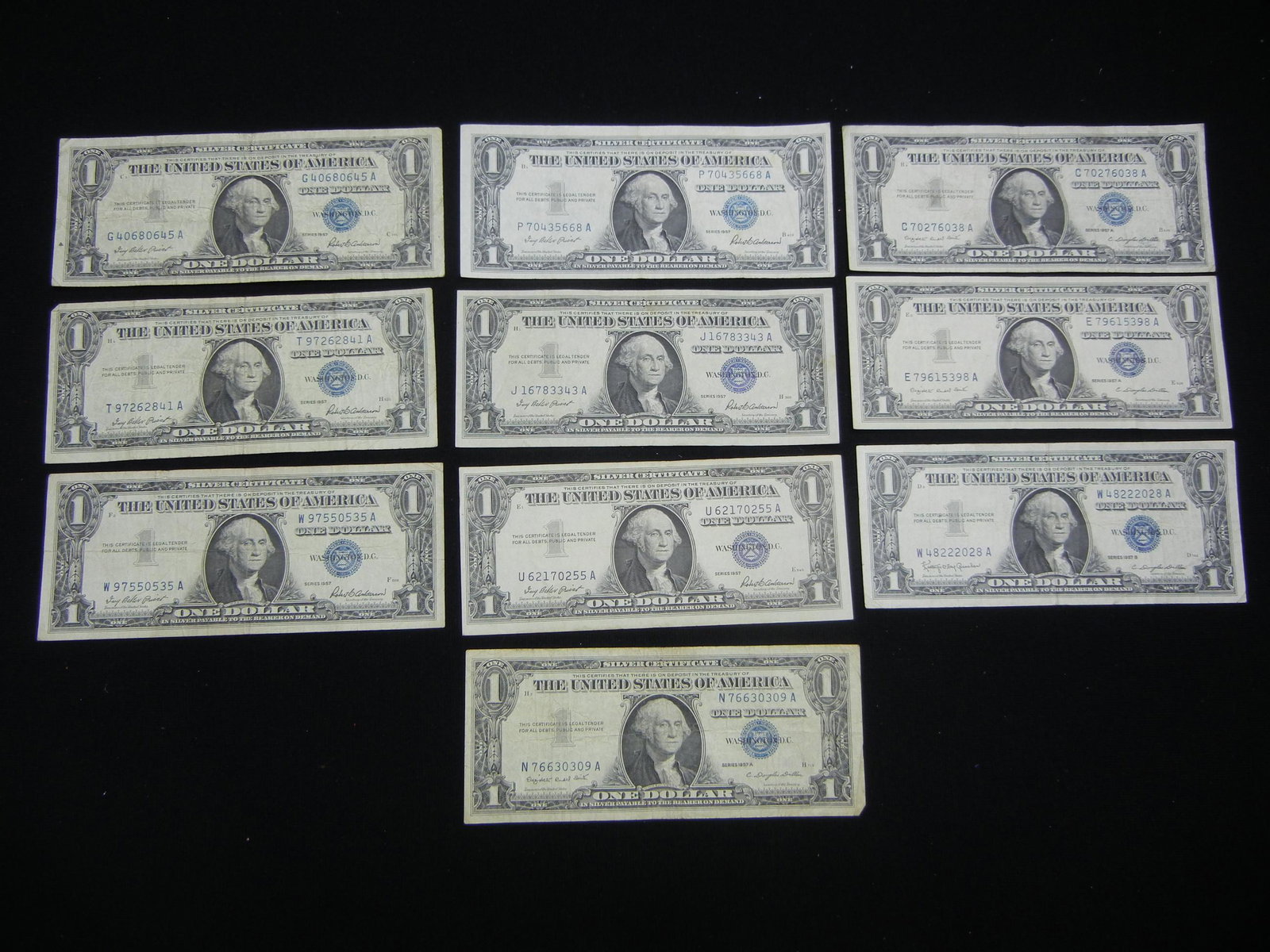 (10) 1957 One Dollar Silver Certificates, (6) 1957, (3) (1 of 8)