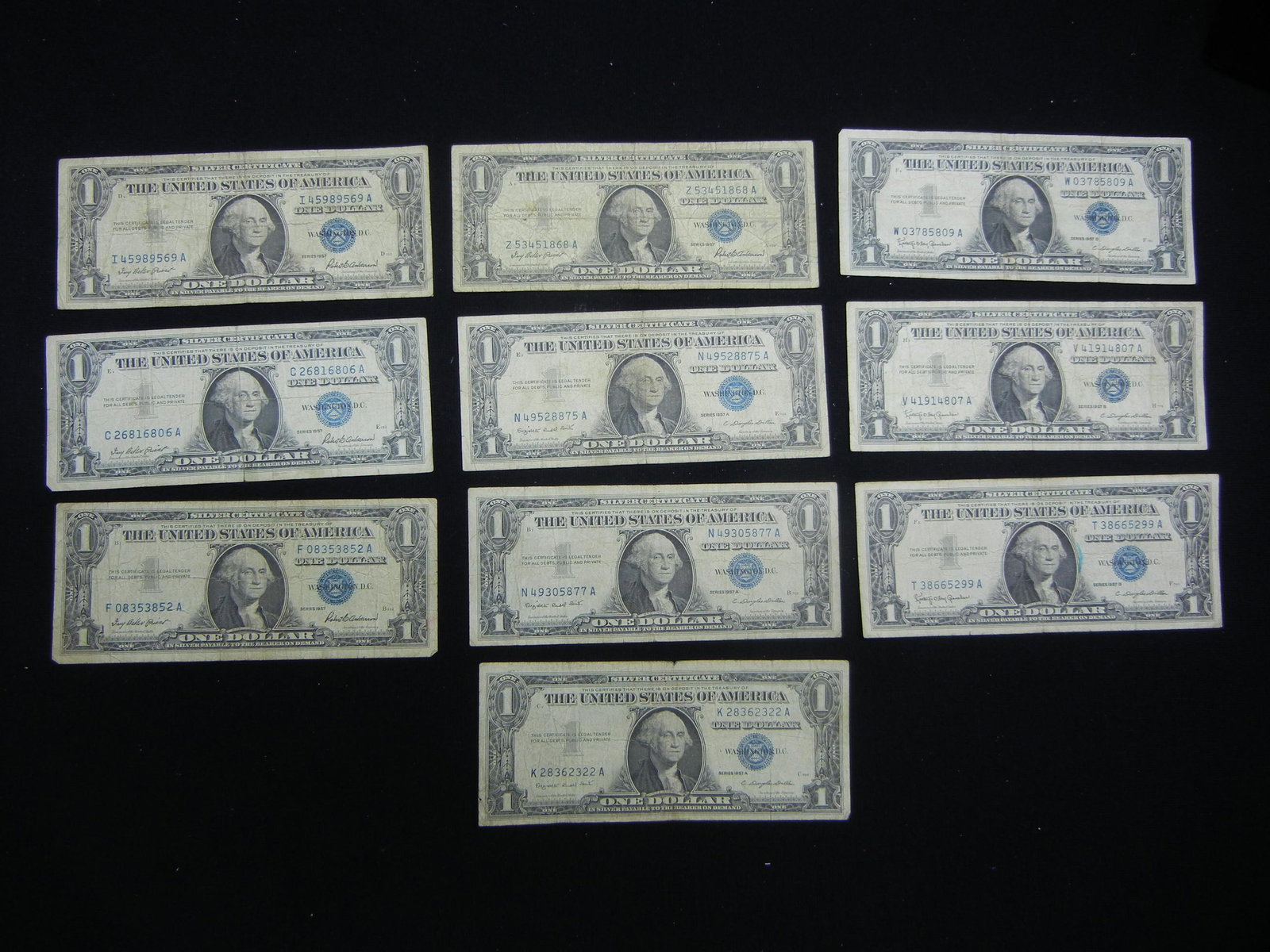 (10) 1957 One Dollar Silver Certificates, (4) 57, (3) (1 of 8)