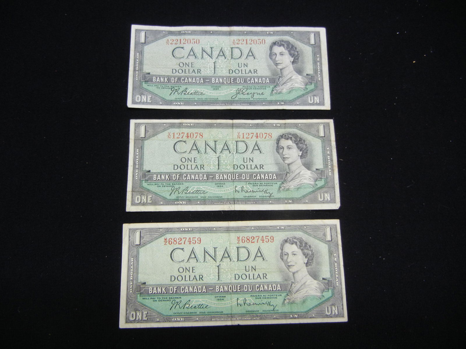 3 1954 Canada $1 Bills (1 of 5)