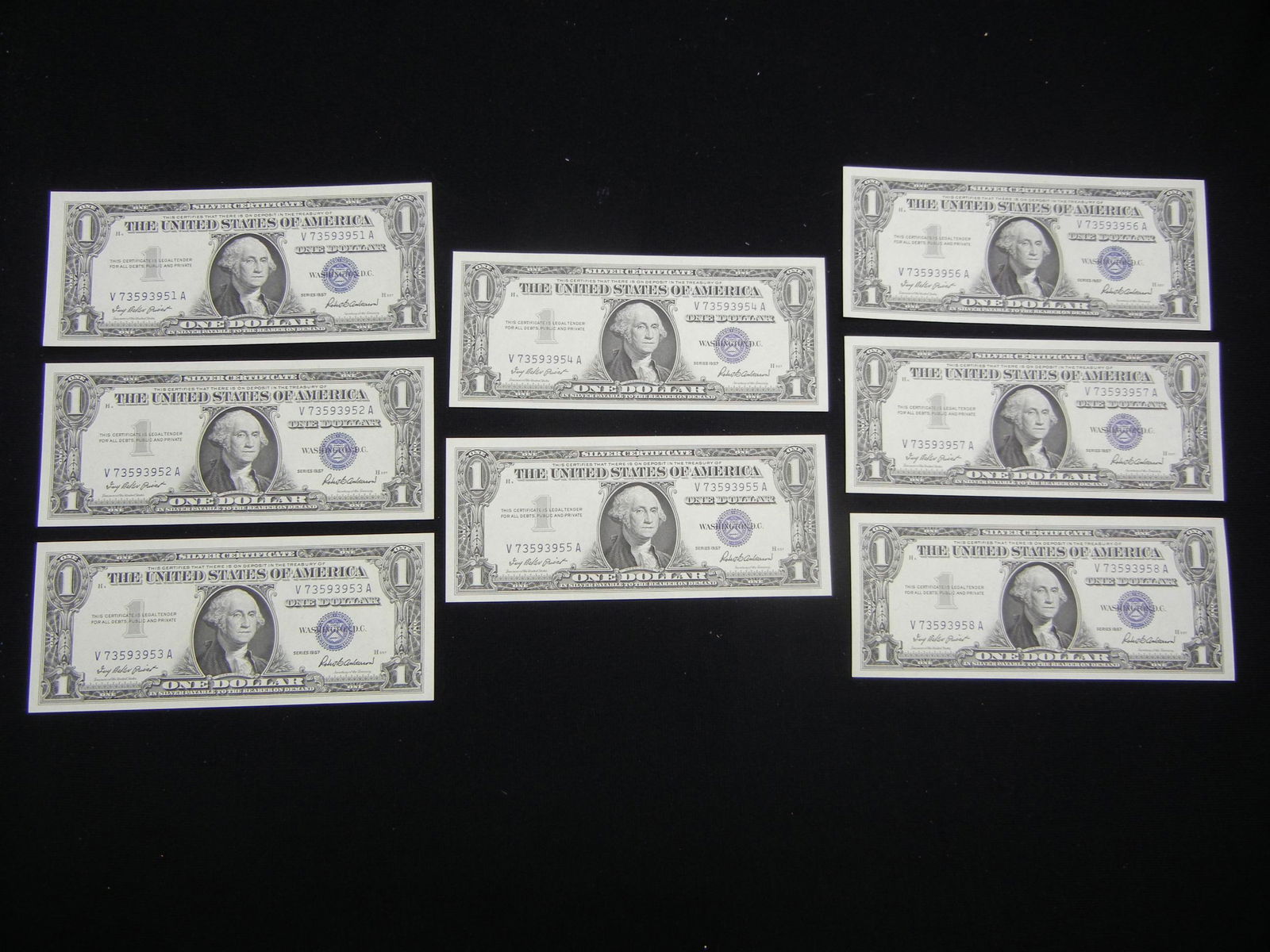 (8) Consecutive Serial Number 1957 Silver Certificates. (1 of 8)