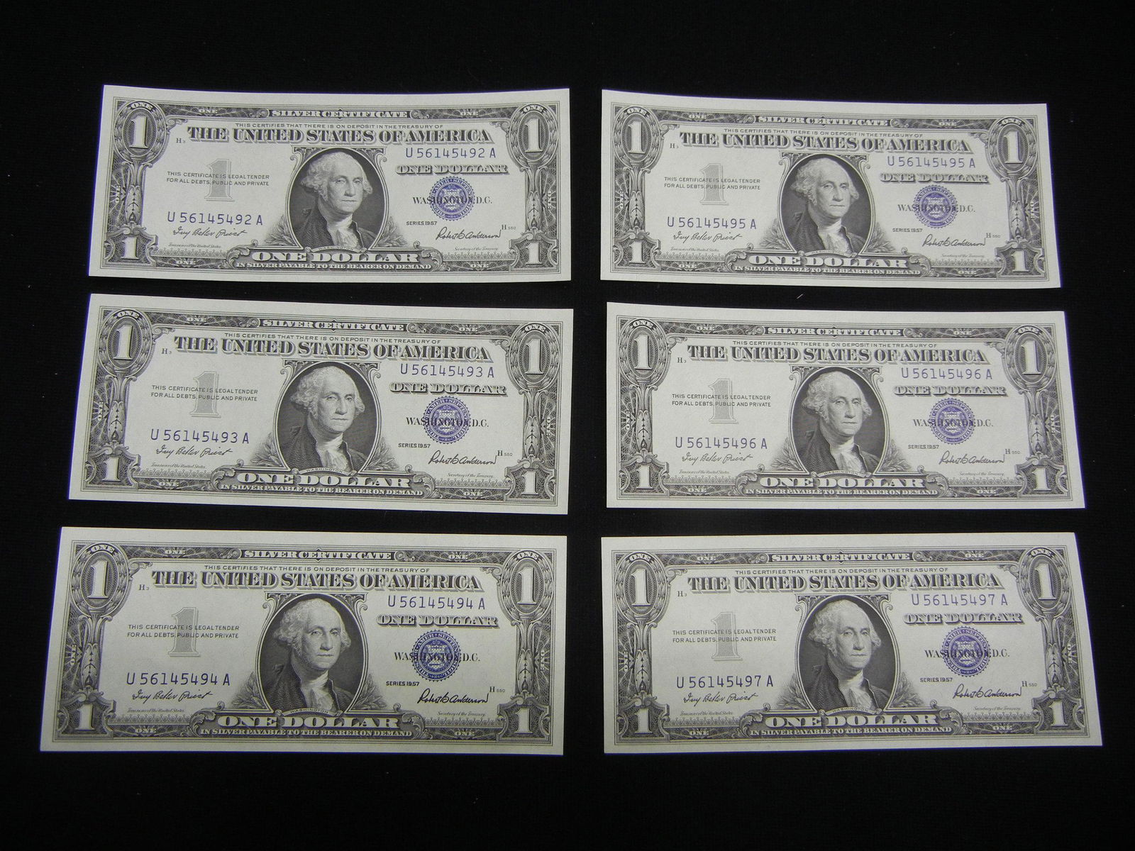 (6) Consecutive Serial Number 1957 $1.00 Silver (1 of 5)