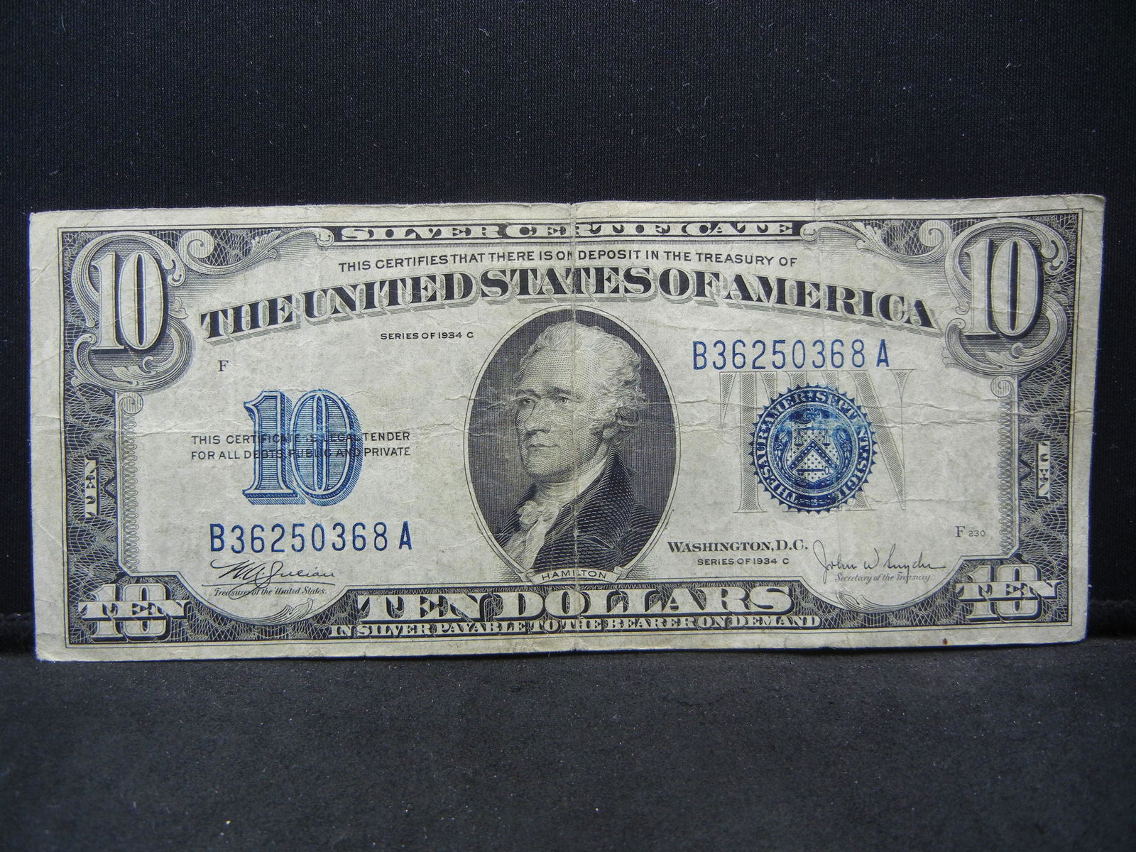 1934-C $10 Silver Certificate.  Serial # B35250368A (1 of 3)